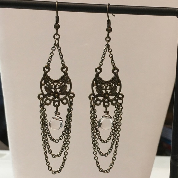 Jewelry - Clear Quartz and Brass Dangle/Chandelier Earrings